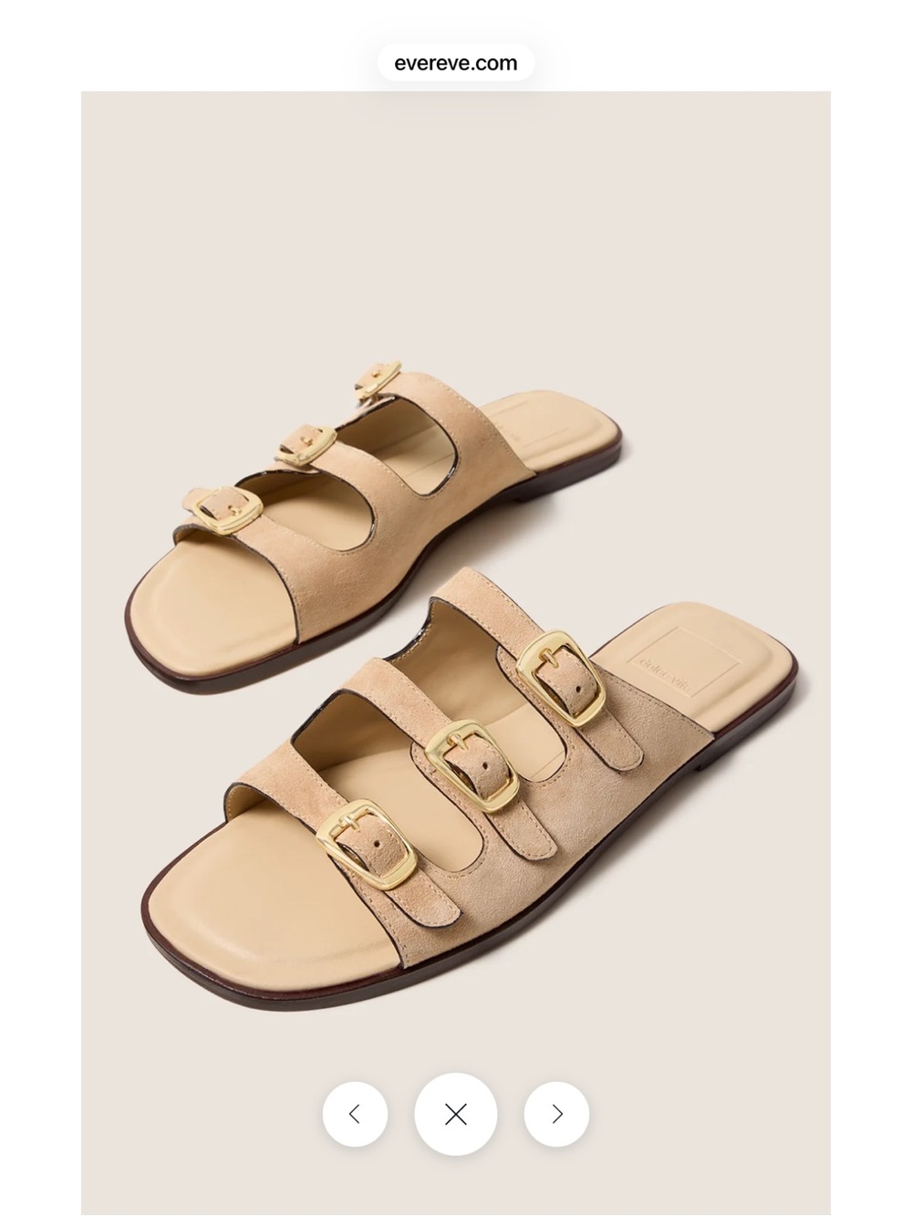 Dolce Vita Triple-Buckle Slide Sandals in Beige with Gold Buckles
